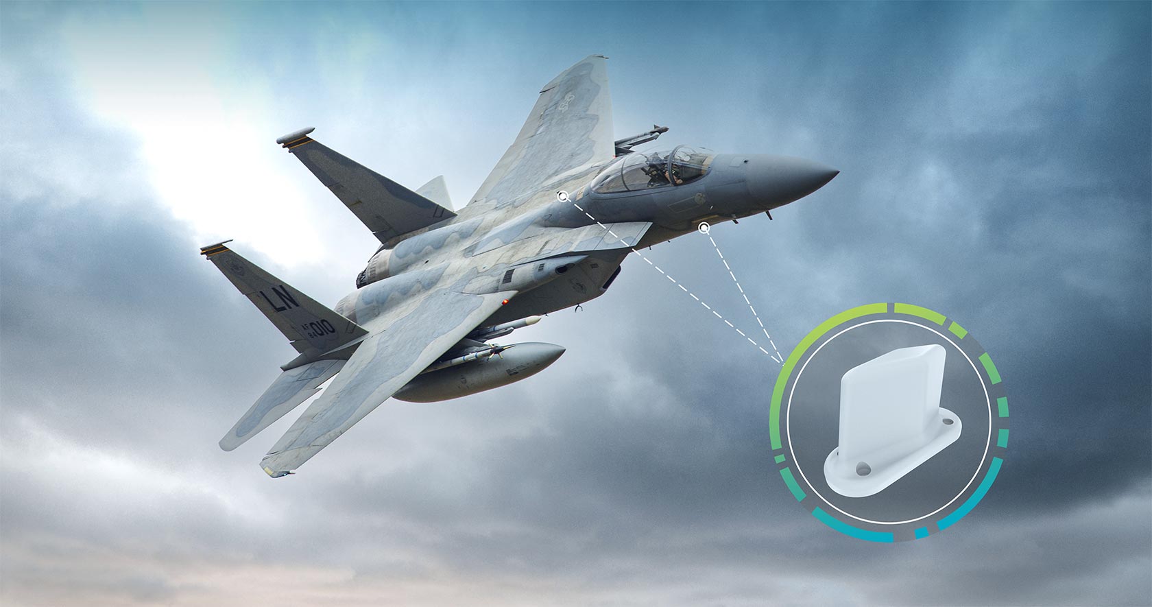 F-15 jet with antenna called out