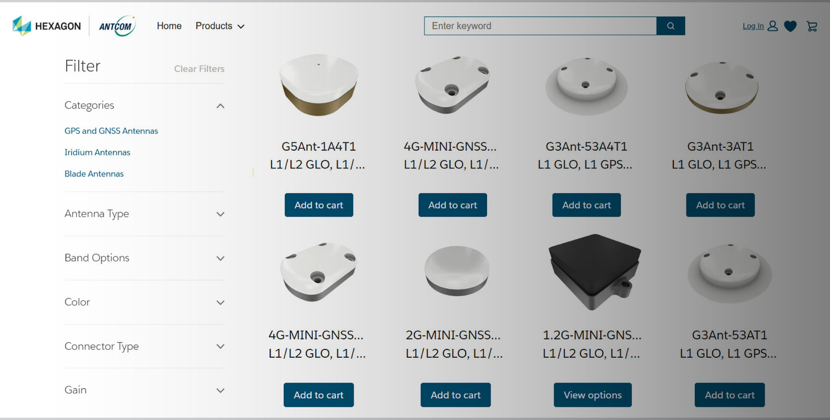 Screenshot of the Antcom estore website showing antenna images