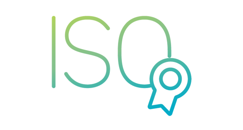 Blue-green gradient icon of the letter ISO with a badge