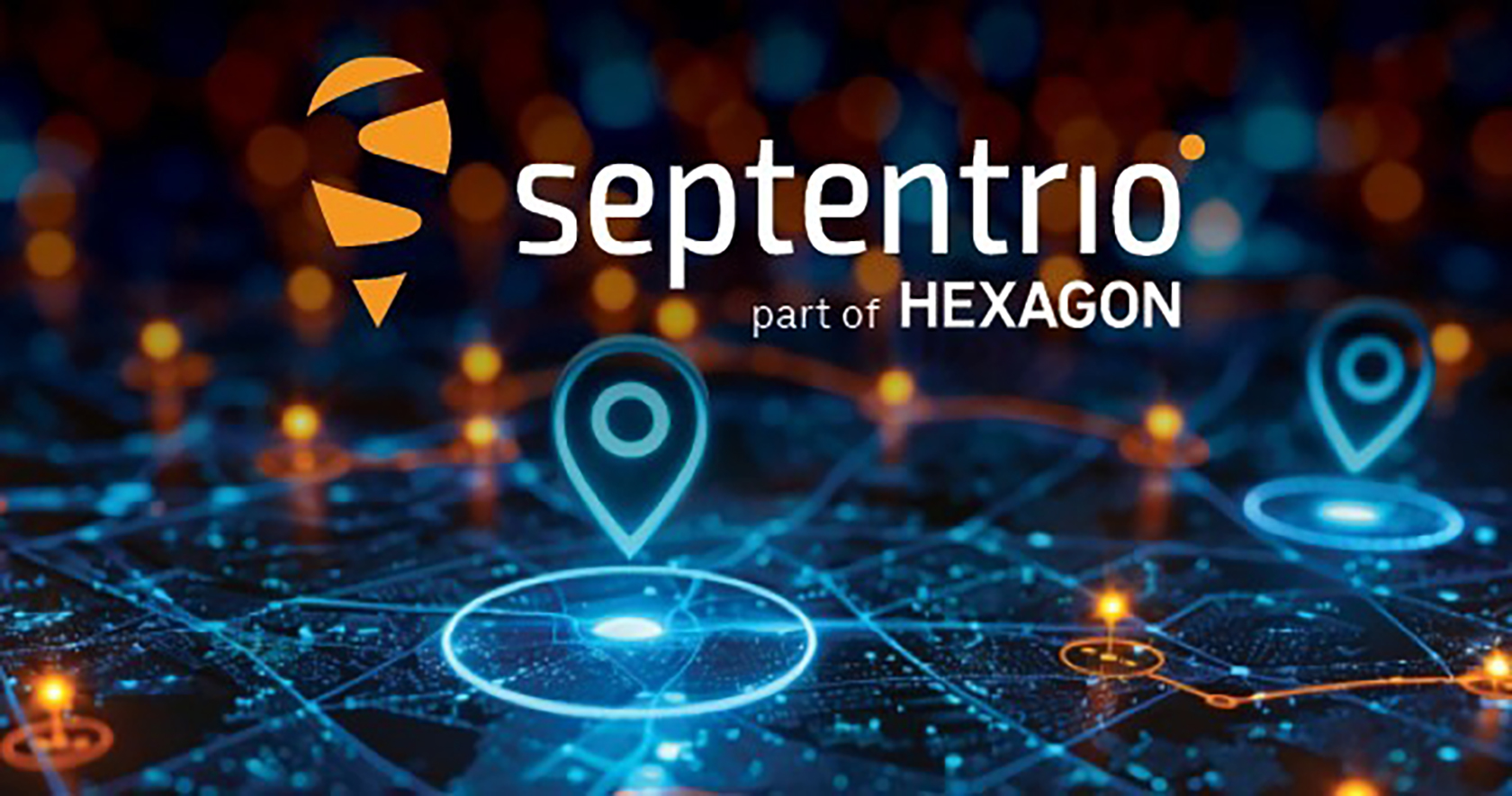 Blue location identifies with abstract network of blue lines and orange dots signifying the acquisition of Septentrio, part of Hexagon
