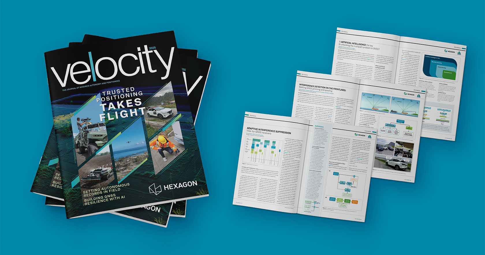 A stack of Velocity magazines showing the cover with three other magazines open to different articles