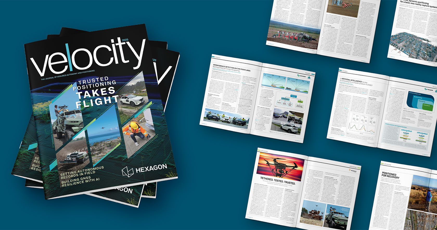 A stack of Velocity magazines showing the cover with several other magazines open to different articles